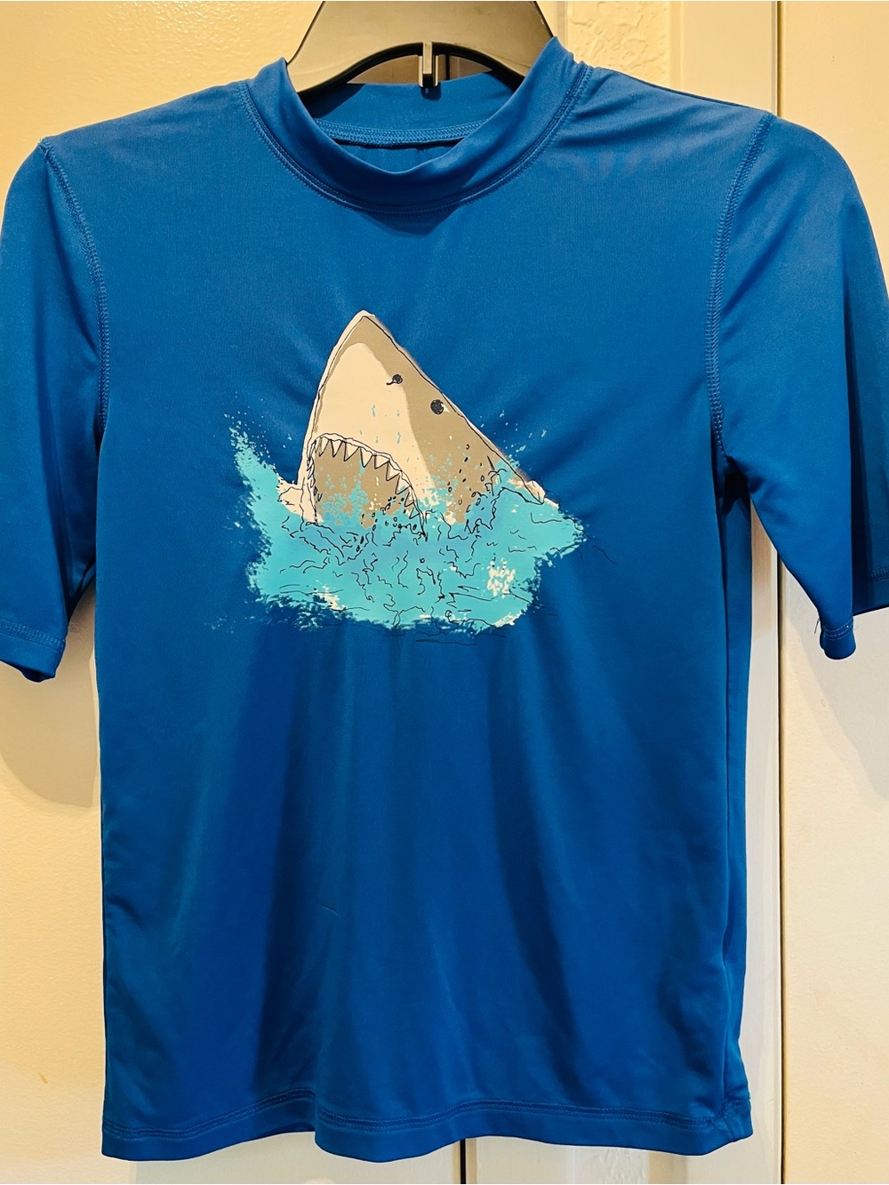 Blue Shark Graphic Rash Guard/ Swim Shirt - Boys Medium (8-10)